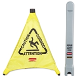 Rubbermaid Multilingual "Caution" Pop-Up Safety Cone, 3-Sided, Fabric, 21 x 21 x 20, Yellow