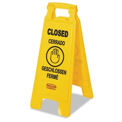 Rubbermaid Multilingual "Closed" Sign, 2-Sided, Plastic, 11w x 12d x 25h, Yellow